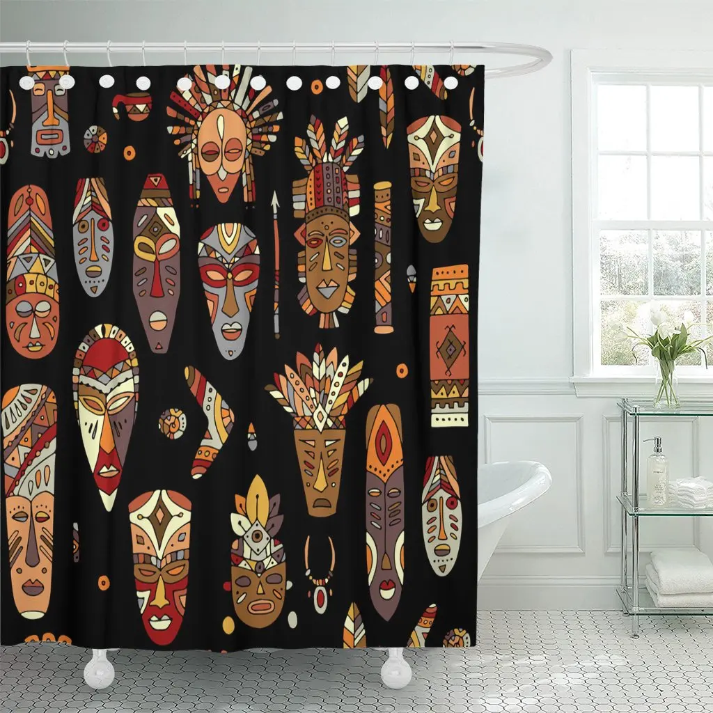 African Tribal Mask Ethnic Sketch Island Africa Pattern Tattoo Shower Curtain Waterproof Fabric 72 x 72 Inches Set with Hooks