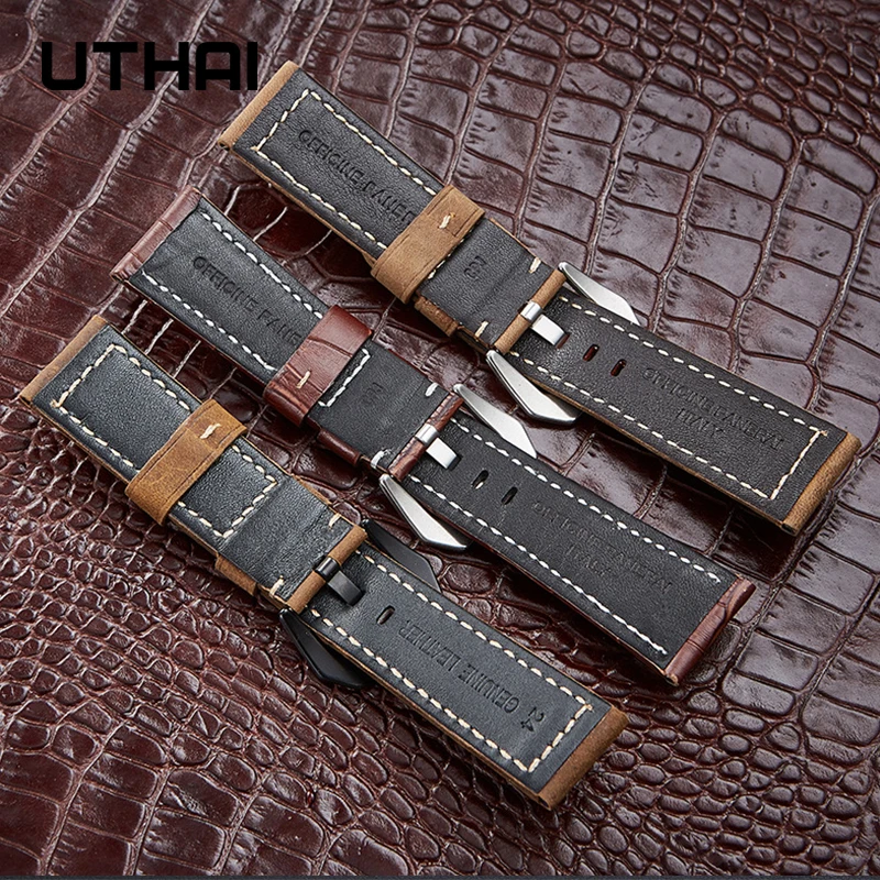 UTHAI P32-correas de reloj de doble cara, correa de cuero de vaca de primera capa, correa de reloj de 22mm, corazón de cuero de vaca real suave,