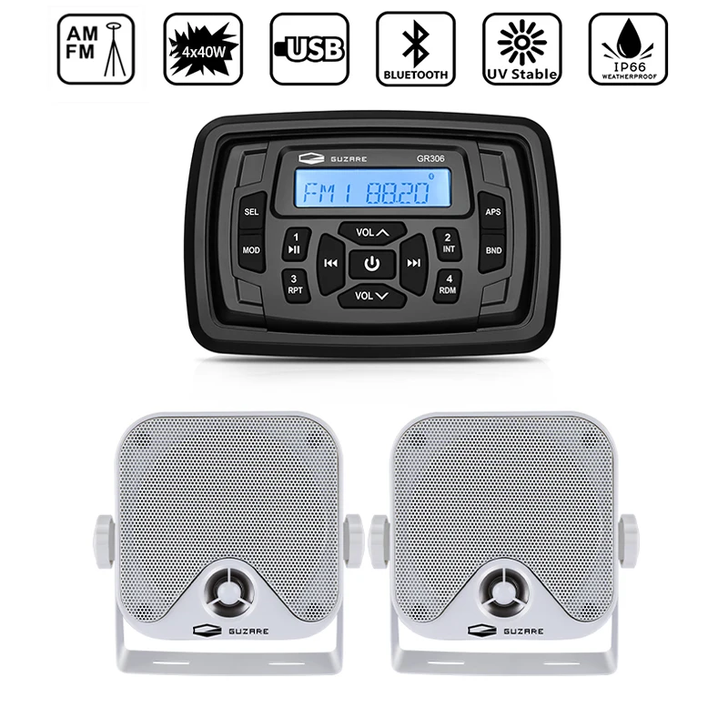 

Marine Bluetooth Stereo Boat Audio System Radio FM AM Receiver MP3 Car Player For RV ATV Yacht+4inch Marine Waterproof Speakers