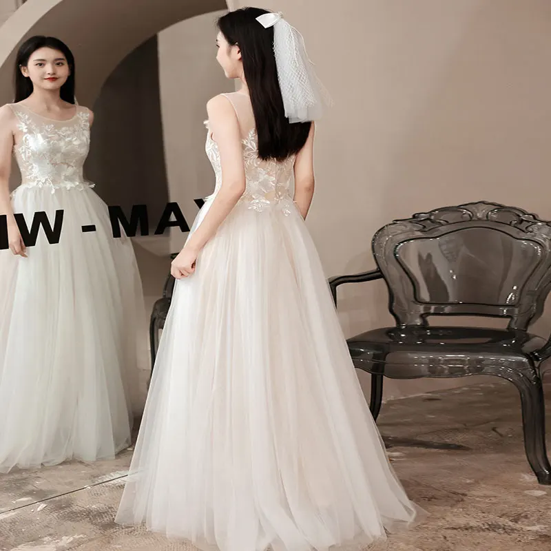 AE0040 Phong Cách Mới Ren Appliques Cổ Tròn Váy Áo Платья Cô Dâu Váy Áo Dây De Mariée Đầm Vestido De Noiva Chữ A Tầng Chiều Dài