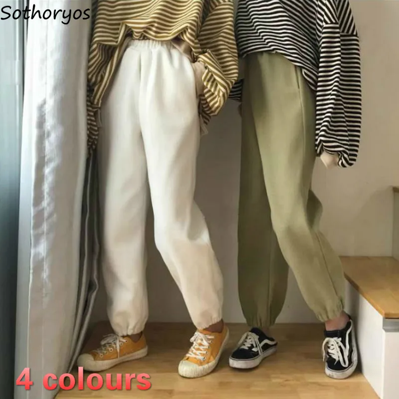 

Women Pants Warm Loose Simple Solid Korean Thicken Harem Trousers Vintage Unisex Velvet High Quality Womens Students All-match