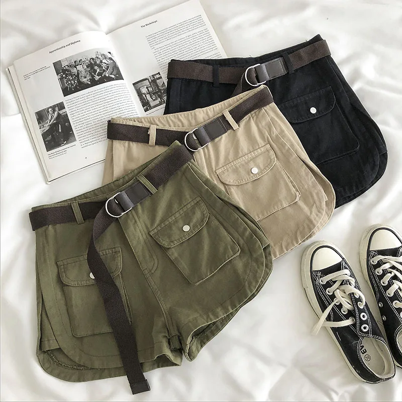 Safari Style Green Jeans Shorts Women Pockets Sashes High Waist Wide Leg Denim Shorts Office Lady Split A Line Casual Shorts