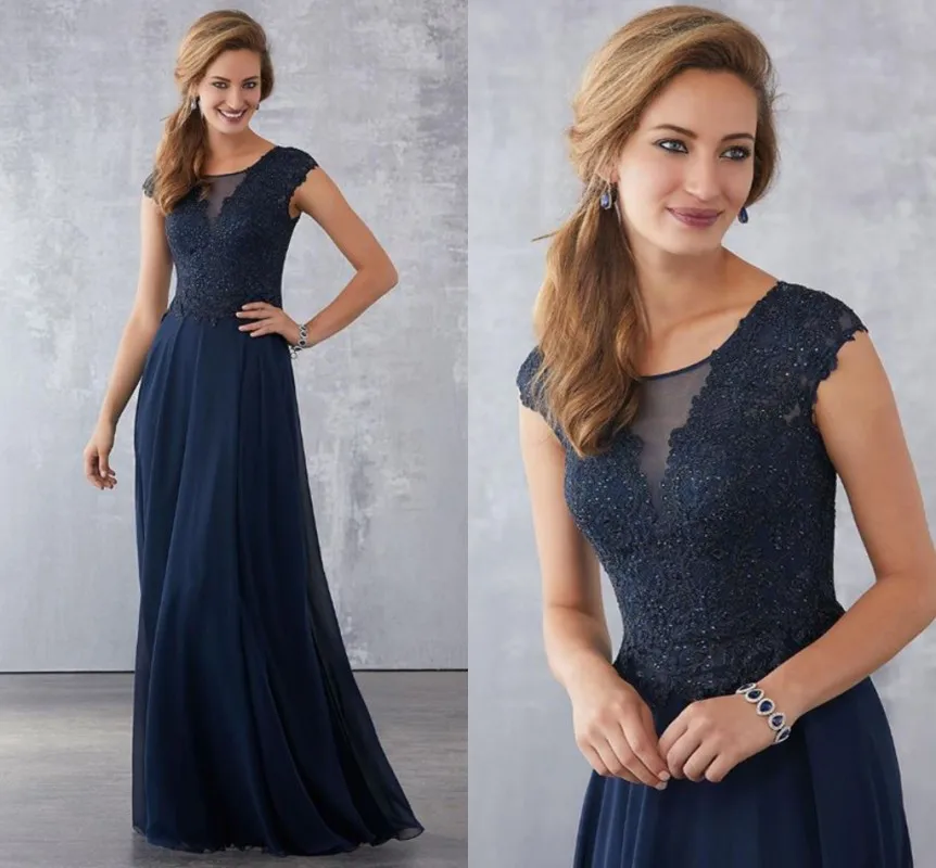 Vestidos de encaje para madre de la novia, vestidos de invitados de boda de longitud completa, con cuello de joya azul marino, novedad de 2021