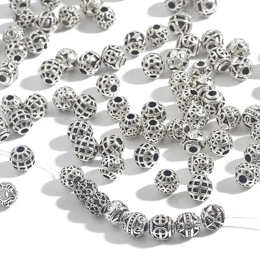 10Pcs 5 6 7 8 9mm Round  Tibetan Ancient Silver Plated Metal Beads Hollow Prayer Spacer Beads DIY Jewelry Bracelets Making