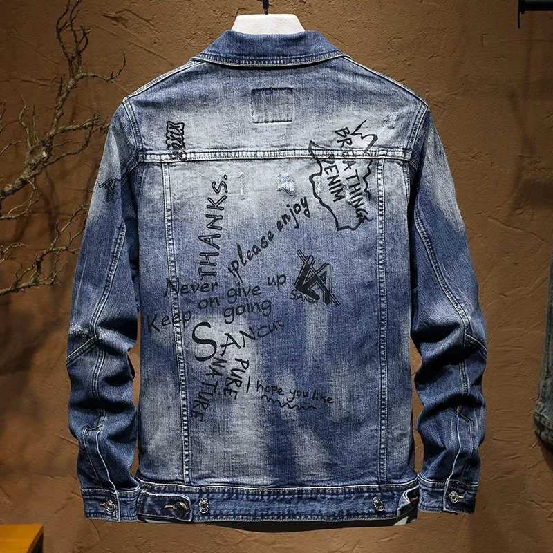 Slim Fashion Fit Graffiti Denim Jacket Coat Men Distressed Skinny Jeans Pants Personality Motorcycle Mens Denim Two Piece Set