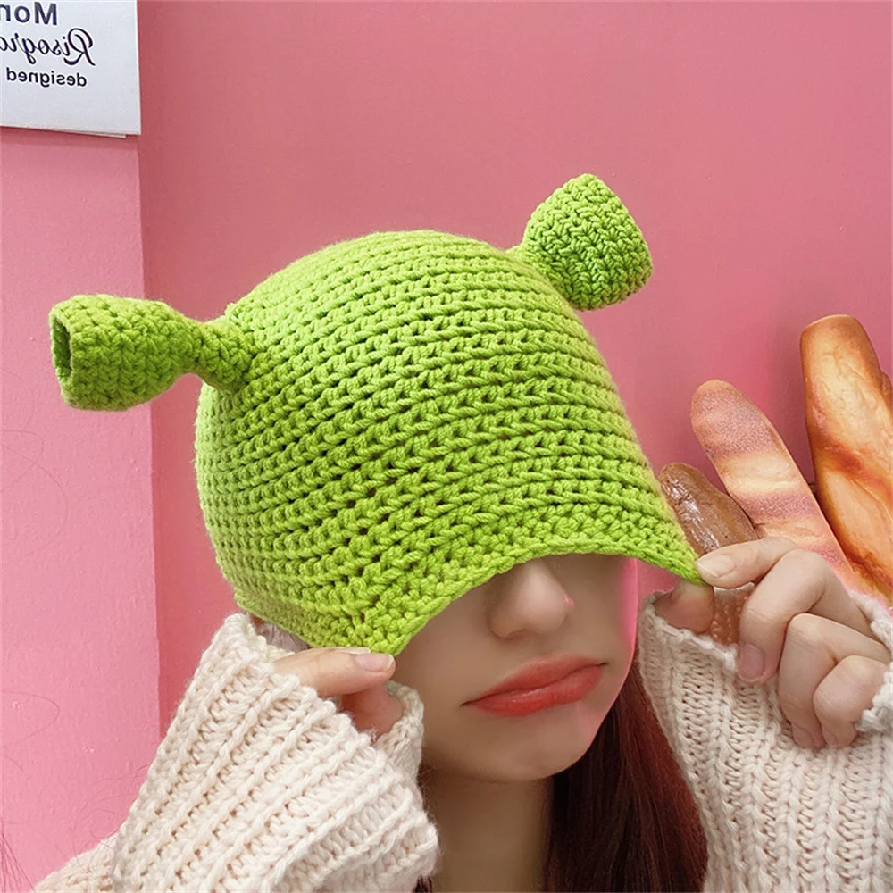 Funny Winter Knitted Hats Unisex Balaclava Monster Shrek Hat Wool Green Party Beanie Skullies Cap for Women Men Christmas Caps