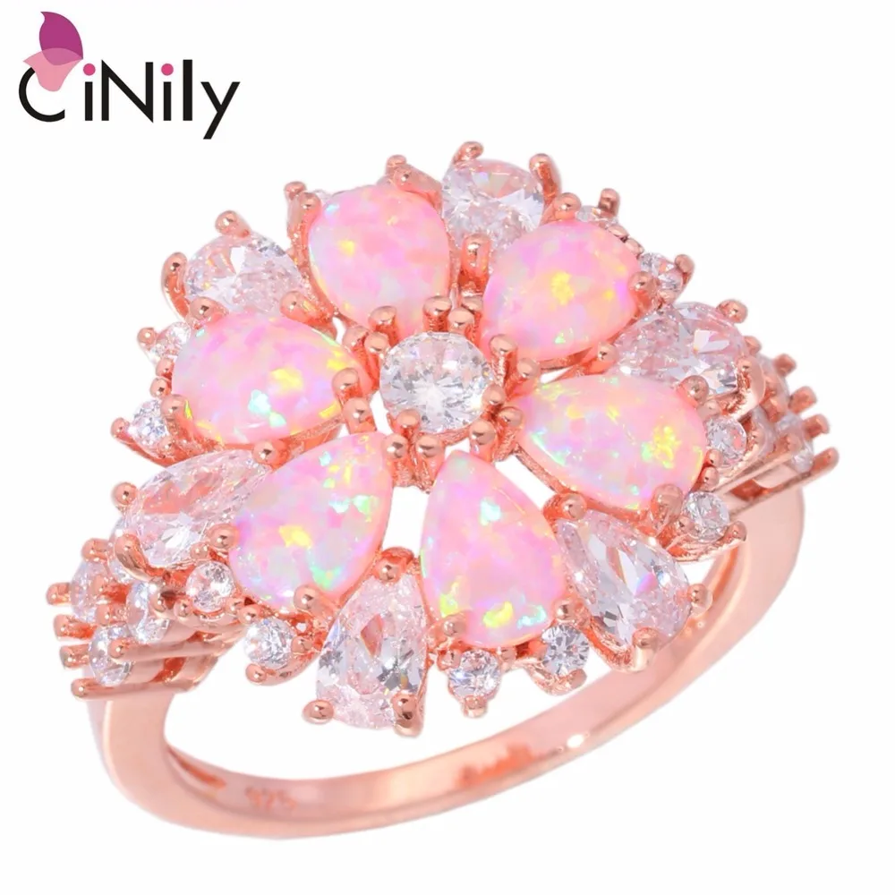 CiNily Lavish Large Pink Fire Opal Rings With Stone Rose Gold Color Clear Crystal Flower Flora Cherry Blossom Jewelry Woman Girl