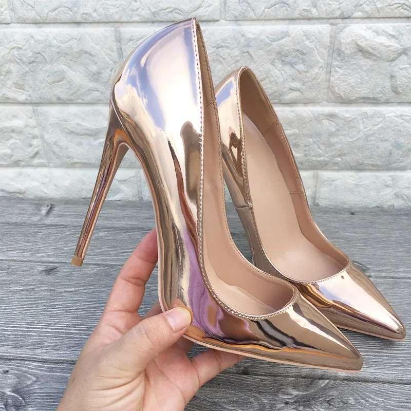 Tikicup Women Shiny Gold Pointed Toe Stiletto High Heels Sexy Ladies Patent Pumps 12cm 10cm 8cm Sparkly Wedding Bridal Shoes