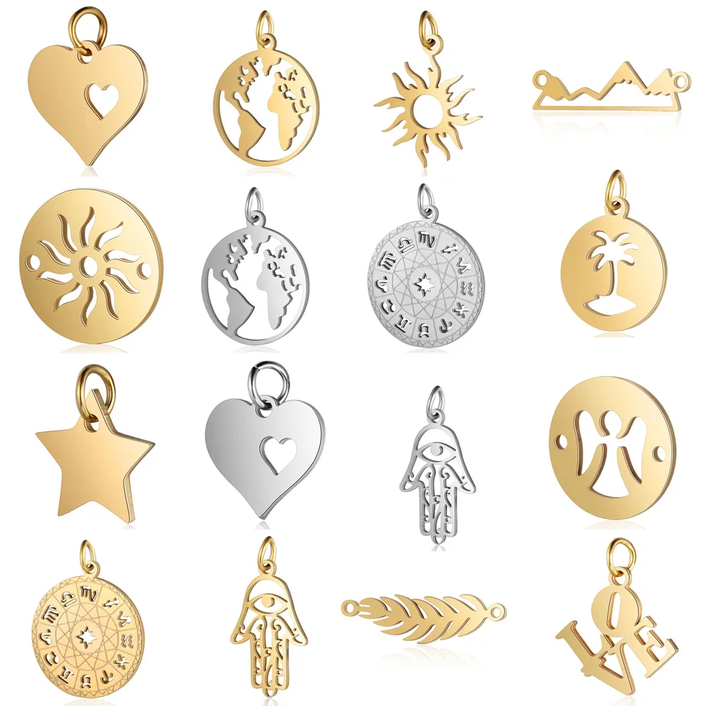 5pcs/lot diy palm pineapple stainless steel charm pendant wholesale sun world map horoscope jewelry bracelet connector charms