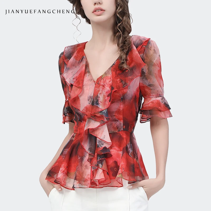 Fashion Red Chiffon Printed Blouse Women Summer Short Sleeve V-Neck Slim Ruffles Tops Plus Size Elegant All-Match Casual Shirts