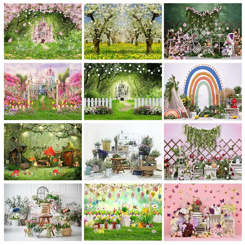 Spring Scenery Photography Backdrops Fairy Forest Castle Grassland Newborn Portrait Photocall Flower Photo Background Decoration