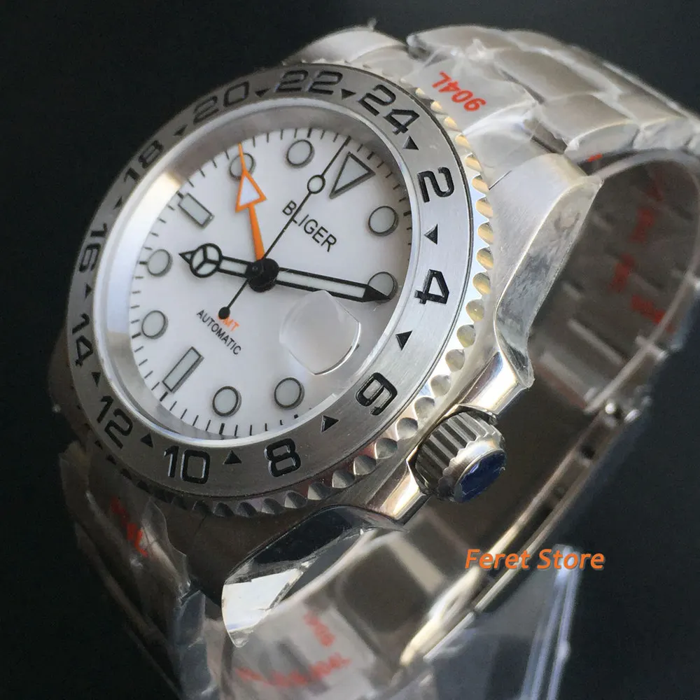 BLIGER New 40mm Men's Top Luxury Mechanical Watch White Dial Sapphire Glass Metal Bezel Date Window Orange GMT Automatic Watch image 2