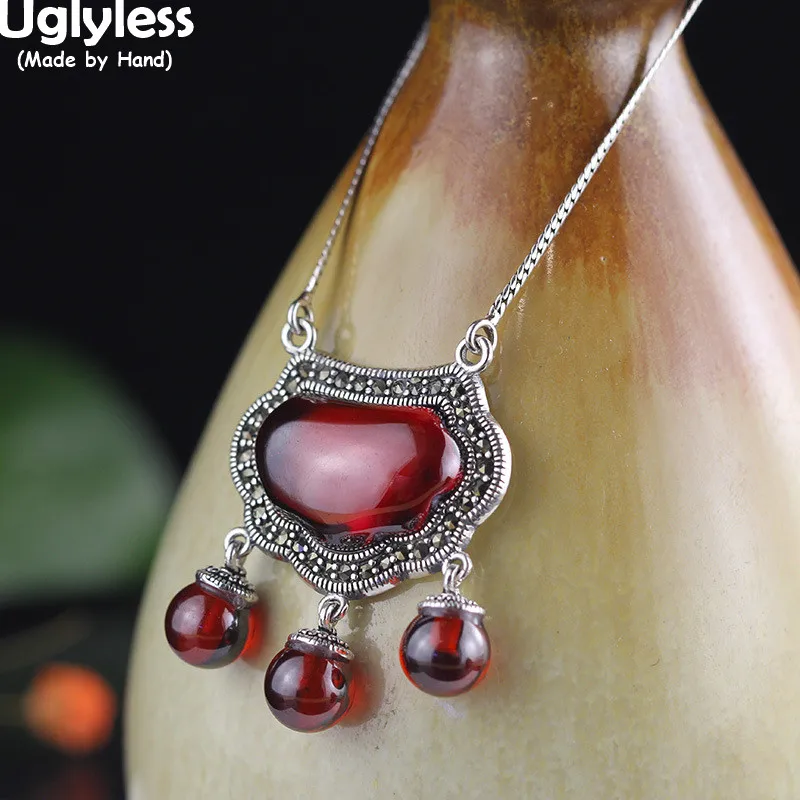 Uglyless China Chic Eastern Beauty Garnet Chokers for Women Vintage Ethnic Tassels Necklaces 925 Silver Thai Silver Pendants