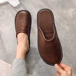 Couples Classic Leather Slippers Men Bedroom Comfort Home Shoes Male's Flat Slippers Non-slip Rubber Man Slipper Big Size 47 48