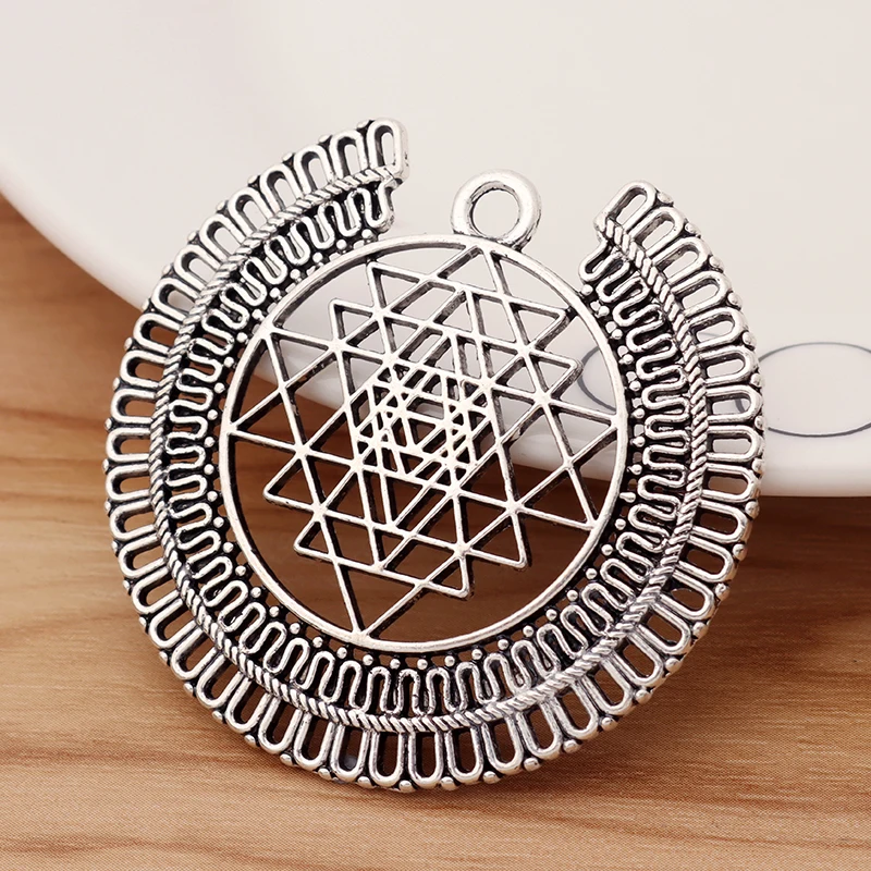 5 Pieces Tibetan Silver Large Open Hollow Sri Yantra Meditation Charms Pendants for DIY Jewellery Making Accessories 50x48mm