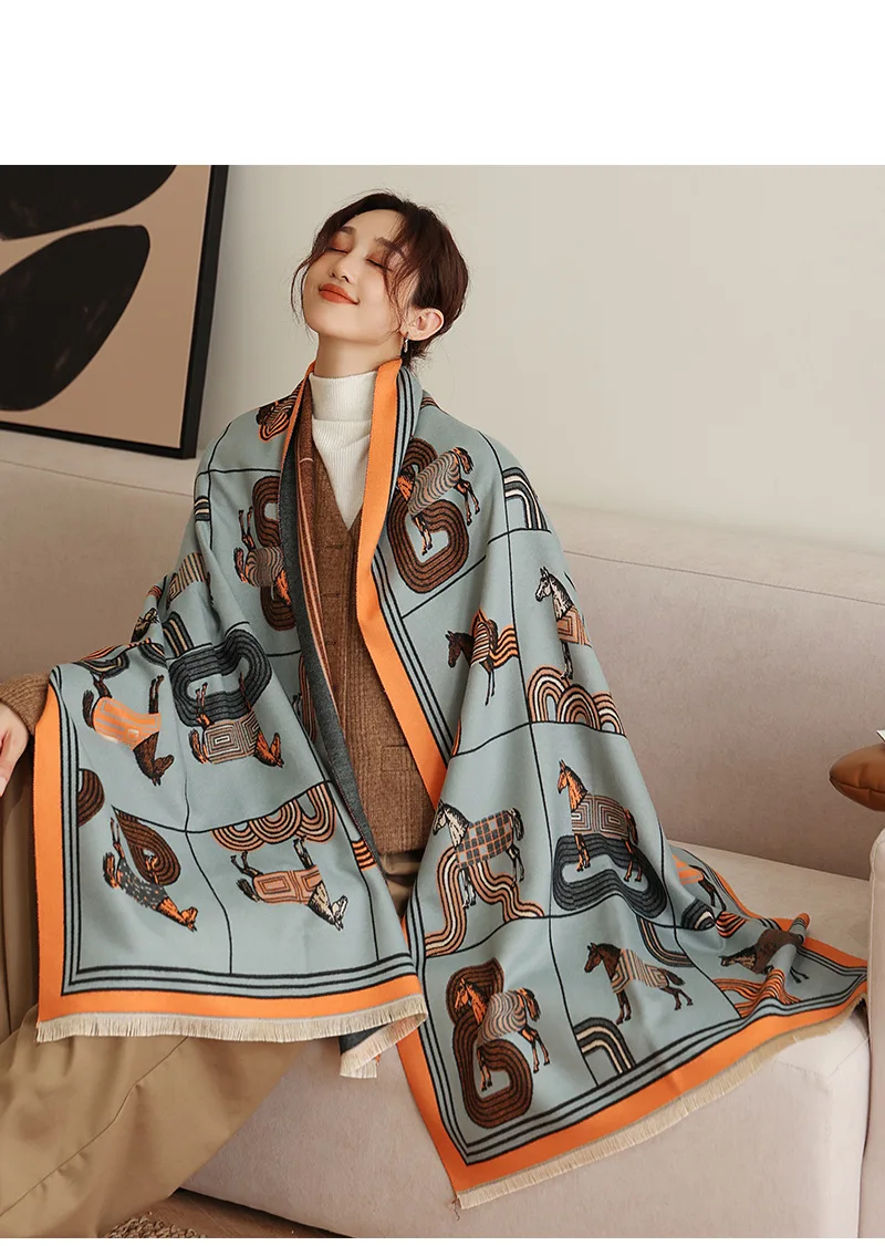

New Woman Fashion European And American Style Horse Pattern Printing Cashmere Shawl Multifunction Warm Scarf Gift