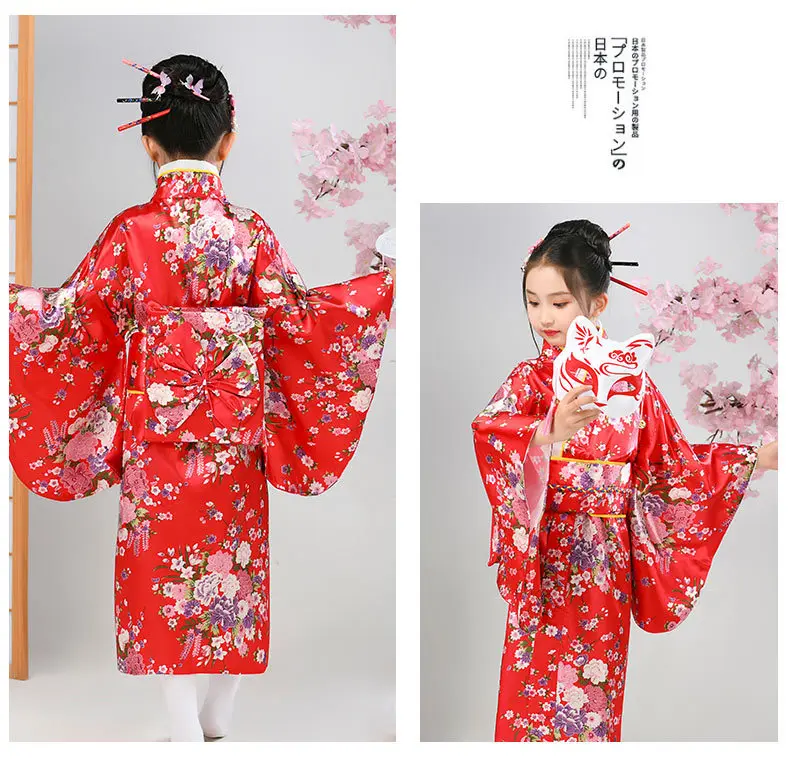 CRFASIBE Kinder Kimono, Japanse Traditionele Meisjes Yukata Robe, Carnival Kostuum Set met Accessoires, Kinder Culturele Festivals Jurk(Rood, 130