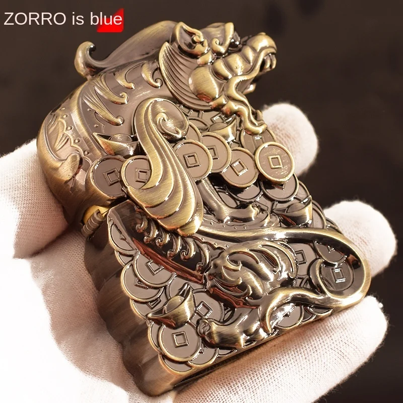 Luxury Bronze Heavy Armor Fuel Kerosene Lighter 3D Caving Chinese Bless god beast Oil Lighter Men Smoking Gasoline Lighter