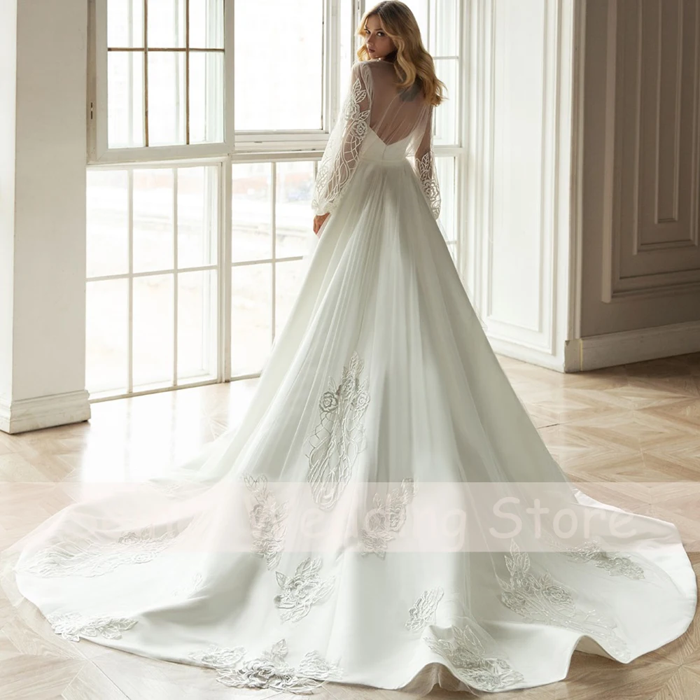 Robes de mariée à manches bouffantes, longueur au sol, satin blanc, quelle que soit la dentelle appliquée, train de balayage, robe de mariée, chérie, nouveau, 2022