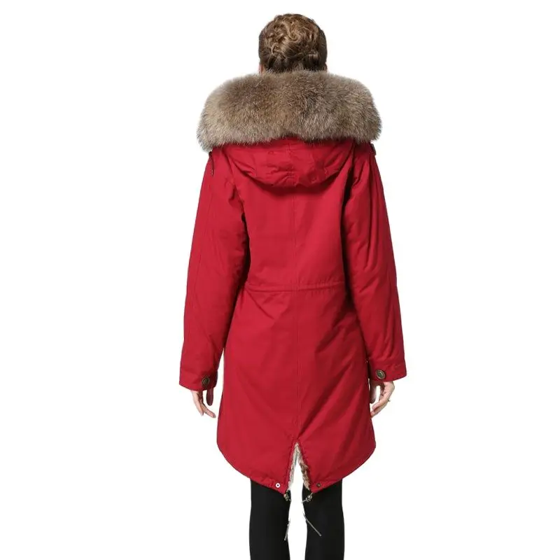 Long Red Parka Fashion Winter Wear Natural Raccoon Fur Hoodies With Natural Lined Down Jacket