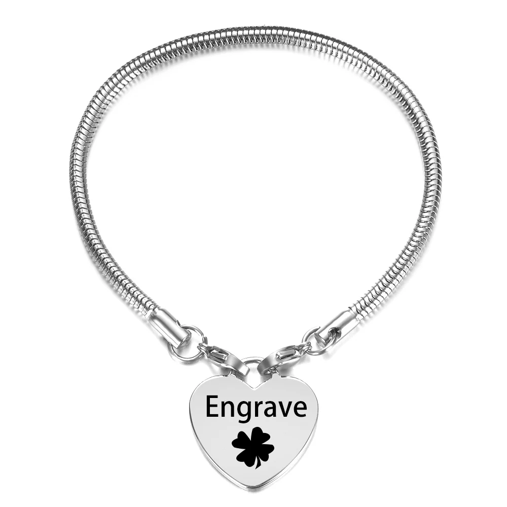 Personalized Customized Name Date Text Engraved Bracelet Stainless Steel Heart  Charms Bangle Jewelry Gift for Women Lovers