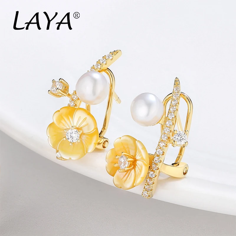 Laya 925 Sterling Silver Summer Hot Style Jewelry High Quality Zircon Natural Shell Flower Freshwater Pearl Earrings For Women