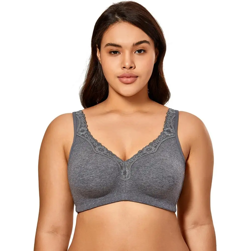 Women's Wireless Plus Size Lace Bra Unlined Full Coverage Comfort Cotton Sleep Wide Strap 36-48 B C D DD E F 34-44 46