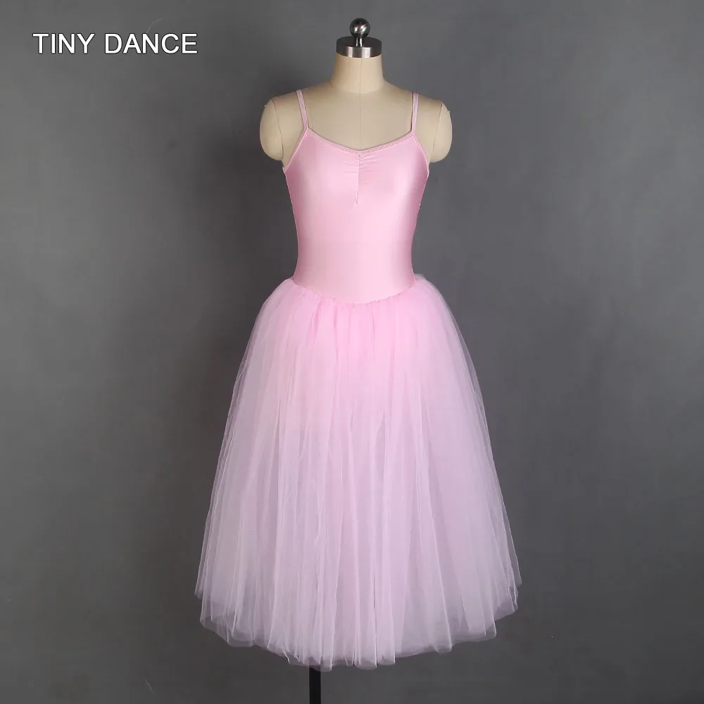 Pale Pink Long Ballet Dance Tutu Camisole Spandex Leotard Bodice with Attached Soft Tulle Romantic Tutu Dress for Grils 19508