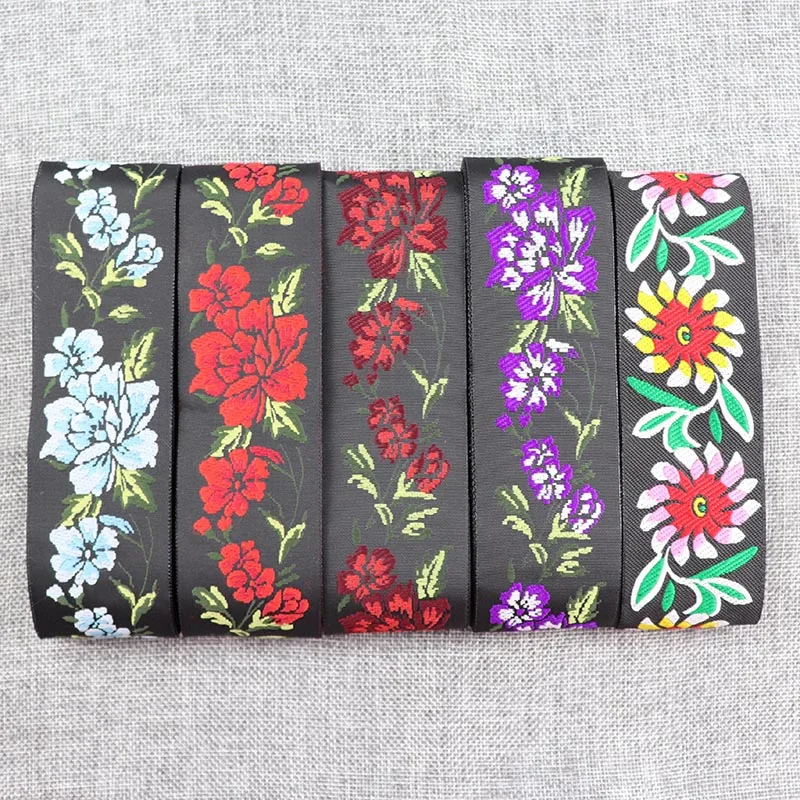 7 Yards 5CM Red Purple Flowers Ethnic Embroidered Jacquard Ribbons Trim Lace Fabric DIY Handcraft Apparel Bag Curtain Decoration