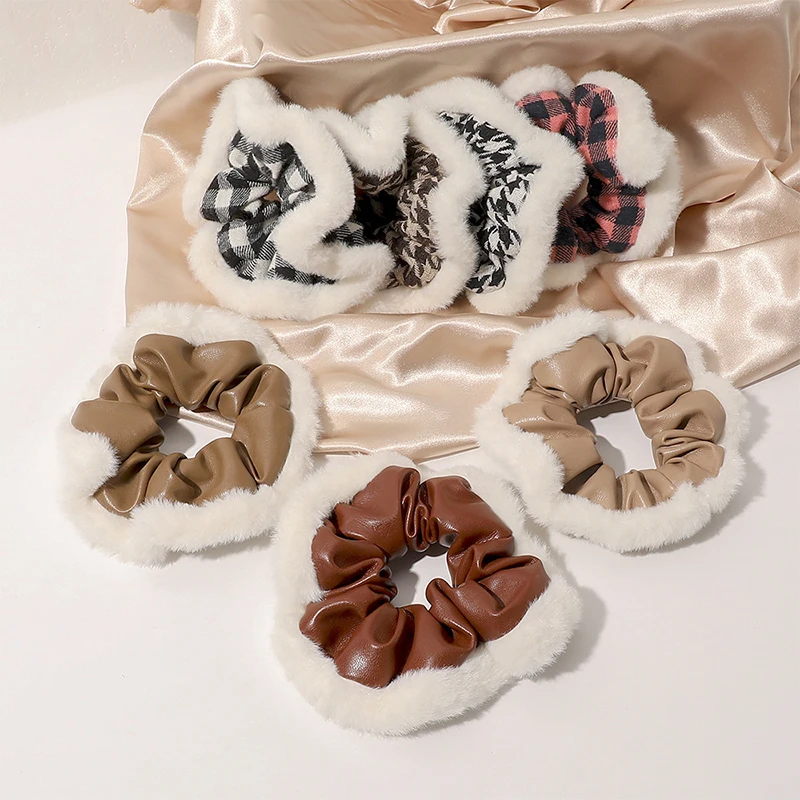 

New Furry Plaid Leather Hair Scrunchies Faux Fur Elastic Hair Bands Women Girls Ponytail Holder Rubber Bands Hair Accessories