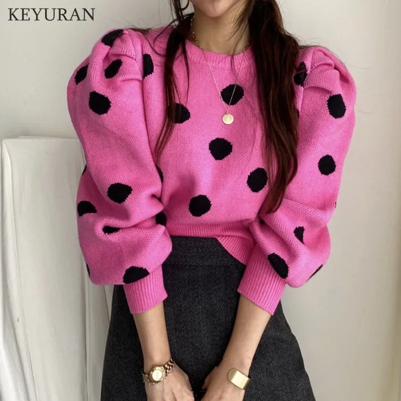 Korean Chic Puff Sleeve Sweater Women Stylish 2024 Autumn Winter Polka Dot Pullover Sweater Women\'s Knitwear Jumper Tops Lady