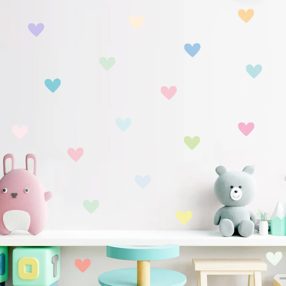 18Pcs Watercolor Heart-shaped Nursery Wall Art Decals Vinyl Wall Stickers PVC Wallpaper Mural Kids Bedroom Removable Home Decor