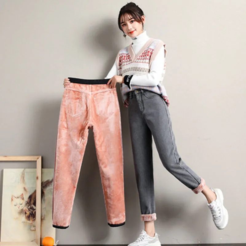 Jeans plus velvet thickening loose winter trend personality straight high waist harem pants winter warm daddy pants