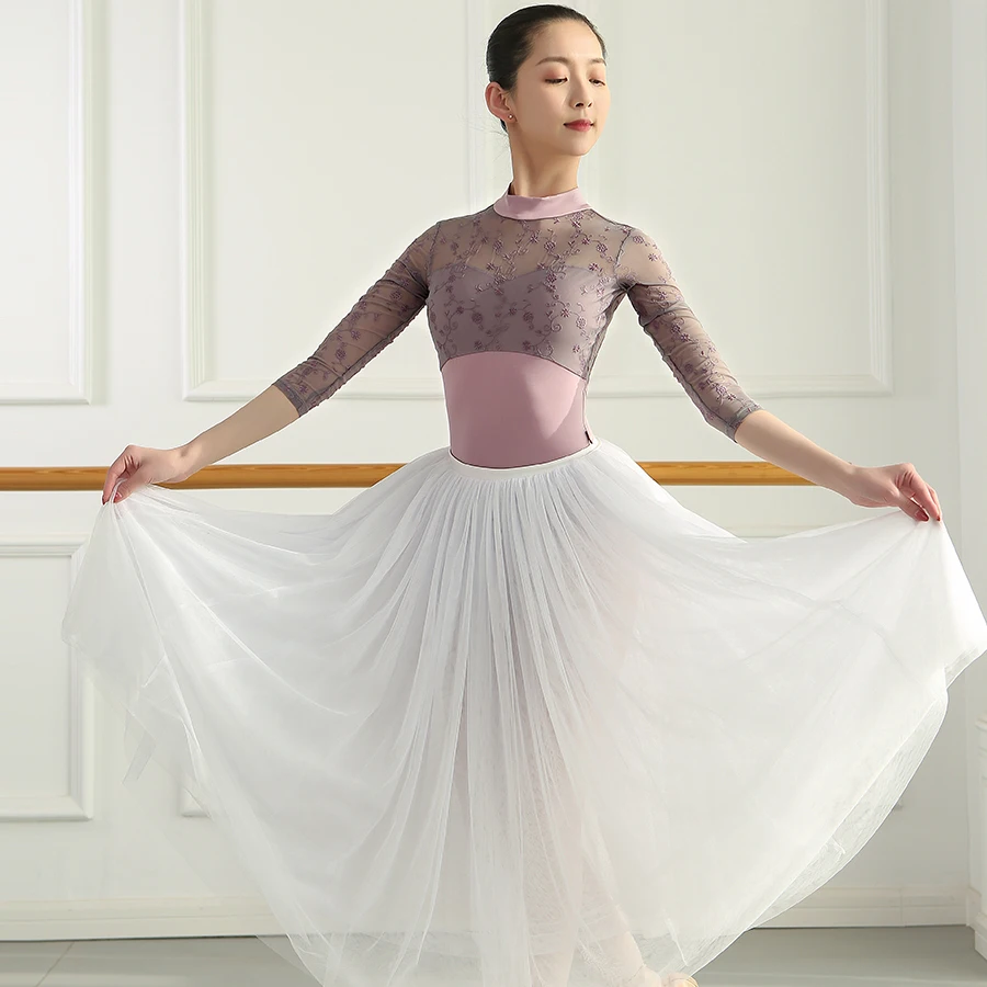 Justaucorps de danse de ballet pour femme, dentelle brodée, demi-manche, costume de ballerine adulte, vêtements de danse