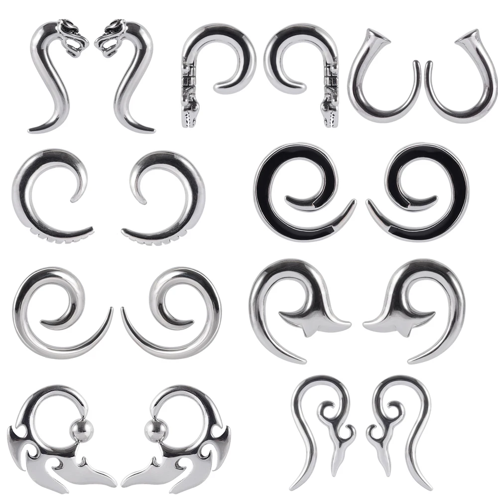 PAIR Stainless Steel Hangers Alien Ear Weights Plugs Tunnel Spiral Carved Ear Gauges Piercing Expander Stretchers Body Jewelry