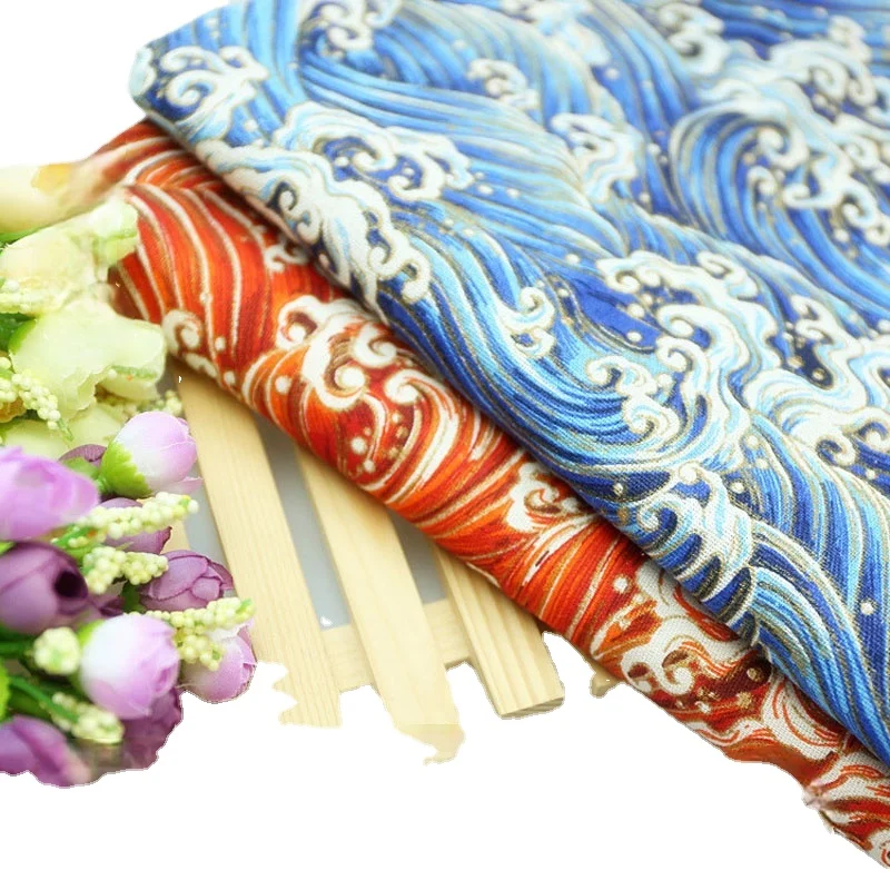 Width 59inch Printing Linen Cloth Japanese-style kimono Cotton fabric Bronzing Waves Pattern Chinese clothing Fabric