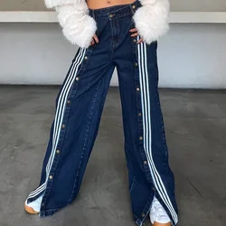 High-waisted denim women empty striped stitching buttons high-split design wide-leg jeans