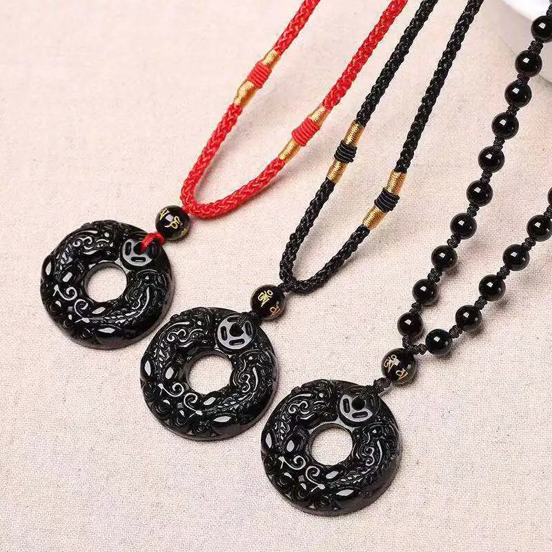 Natural Black Obsidian Hand Carved Chinese Pixiu Phoenix BaGua Lucky Amulet Peace Mascot Pendant Necklace For Women Men