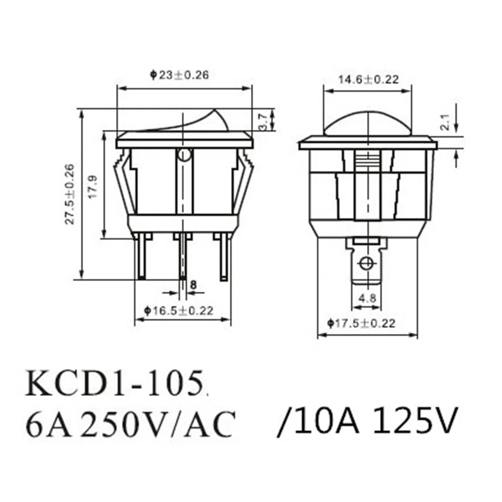 1Pcs Self-locking Round Type Switch AC 6A/250V 10A/125V 2P ON-OFF SPST 2 Pin Circle  Rocker Switch