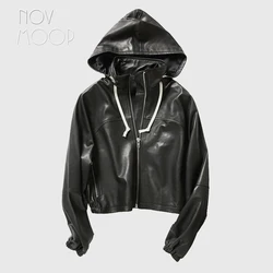 Novmoop-jaqueta feminina estilo europeu chique, primavera/preto, cintura elástica, couro legítimo, com capuz, lt3046