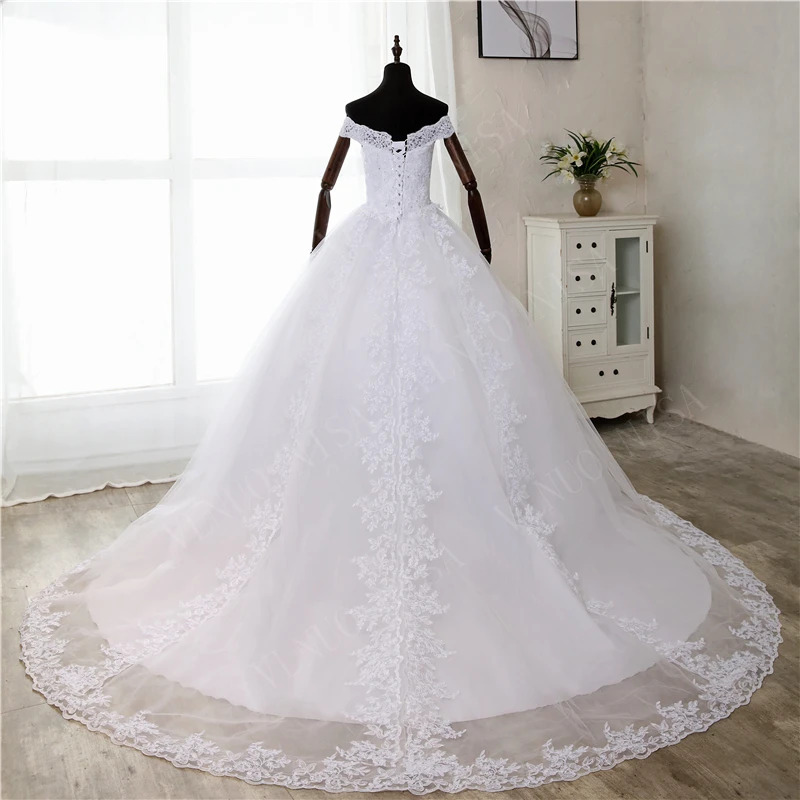Elegante vestido de novia de encaje de lujo, vestido de novia Vintage blanco, vestido de tren largo sin hombros, Vestidos de novia personalizados de