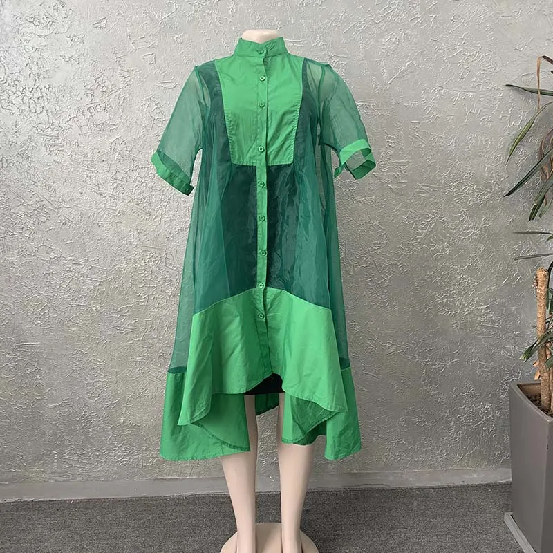 Donna Casual 2/3 manica solido vestito irregolare 2024 primavera estate due pezzi verde giallo Midi maglia pura Organza abiti camicia