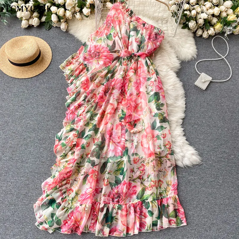 Summer Holiday Party Boho Maxi Dress Women\'s Off Shoulder Chiffon Floral Print Ruffles Loose Elegant Sexy Long Dress Women