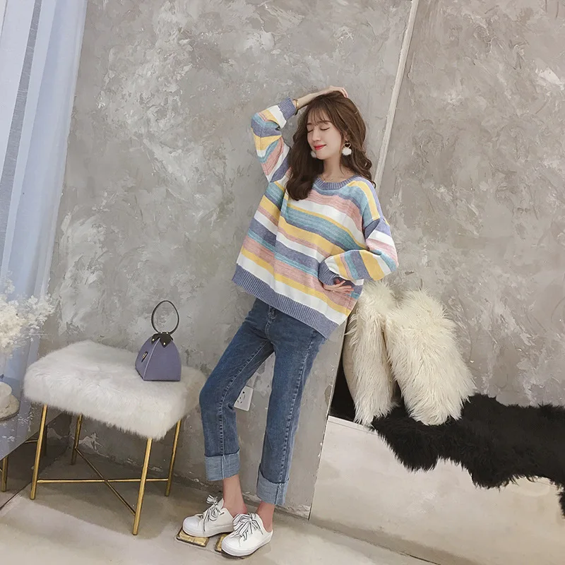 H9567 Autumn Winter Rainbow Stripes Sweater Female Loose Korean Student Cute Knitted Jumper Tops Girl Long Sleeve Sweet Pullover