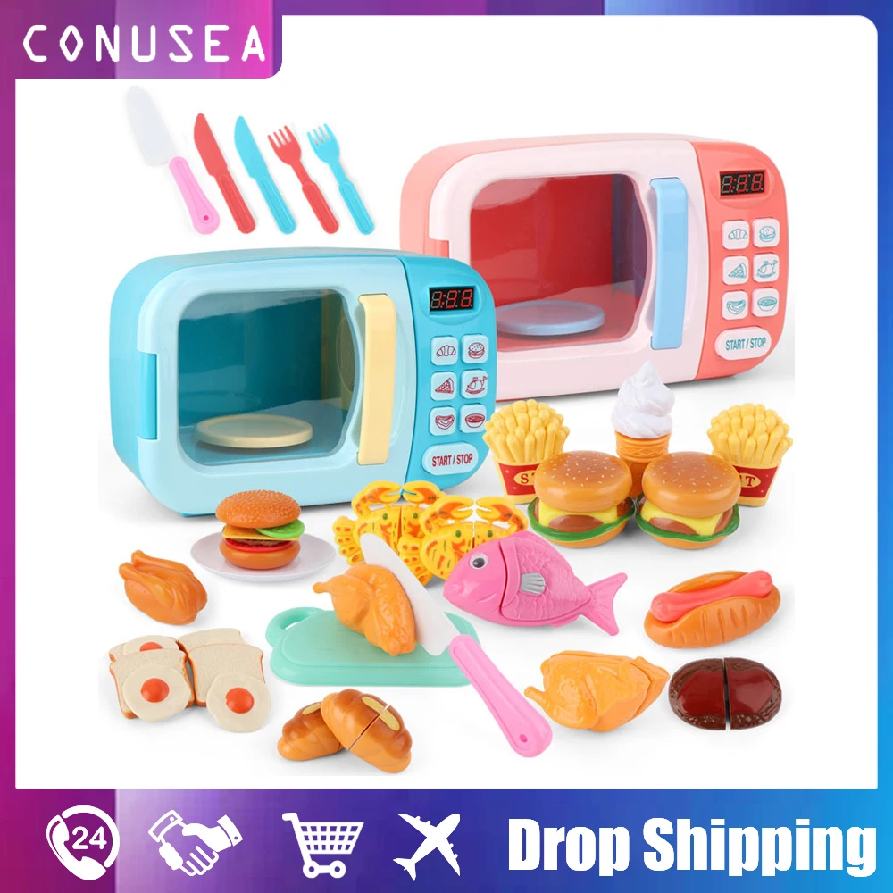 Simulation Mini Kitchen Pretend Play Food Cutting Microwave Oven Children's Play House Cooking Interactive Toys for Girls Gift