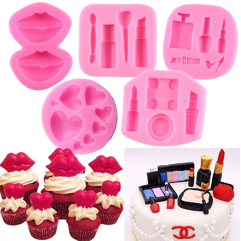 Herramientas de maquillaje con brocha, moldes de silicona, corazón, lápiz labial, Perfume, Chocolate, Fondant, molde de caramelo, Topper de cupcakes, herramientas de decoración de pasteles DIY