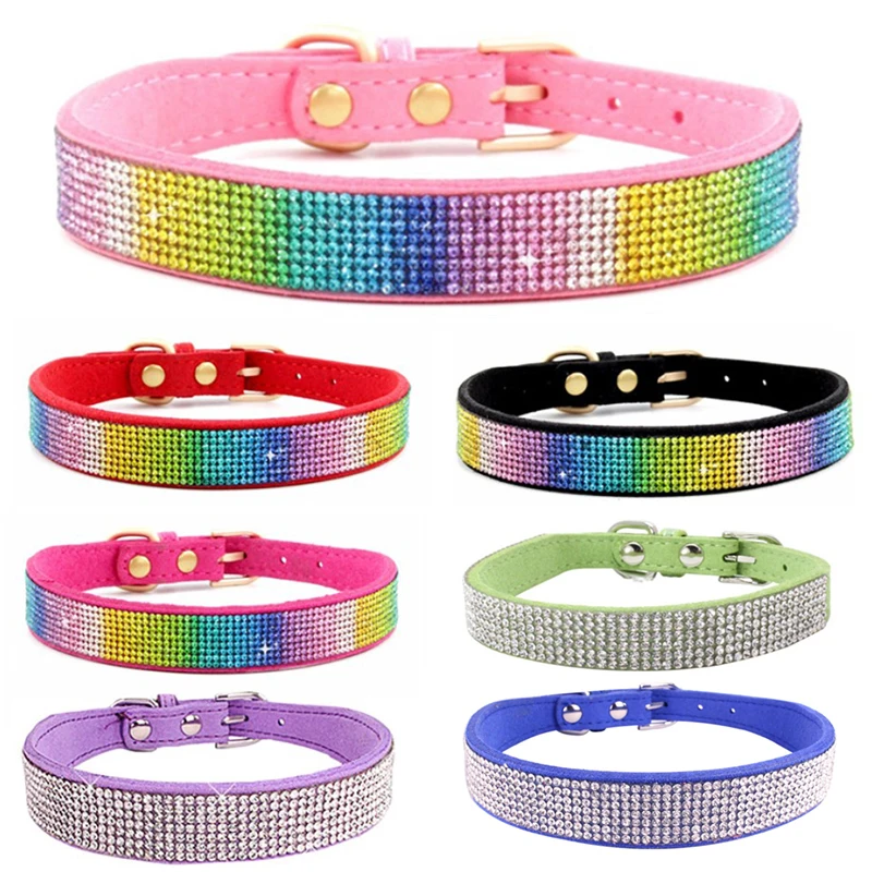 Comfortable Suede Fiber Crystal Dog Collar Glitter Rhinestone Dog Collars Zinc Alloy Buckle Collar for Small Dogs Cats XXS-XXL