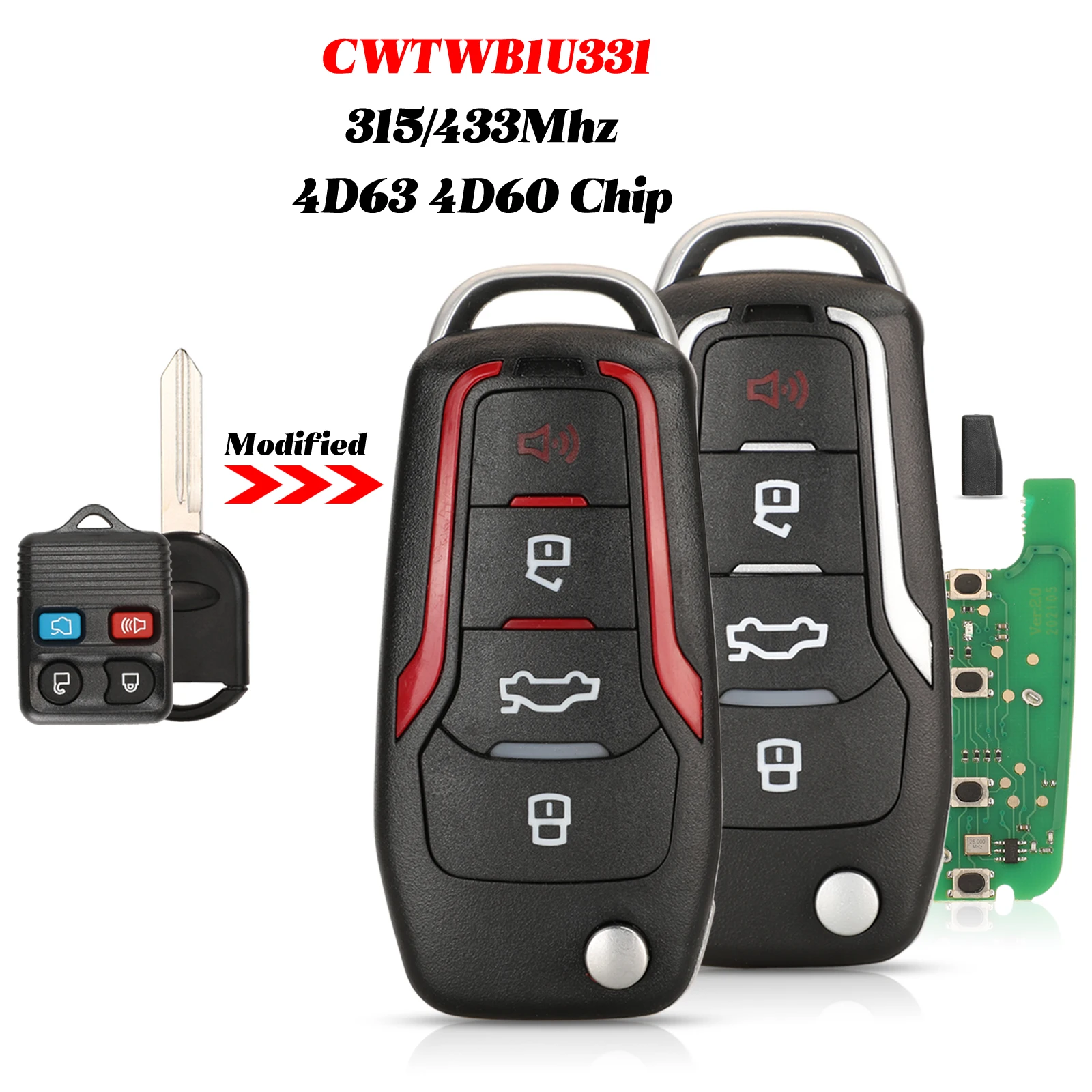 Jingyuqin Modifizierter Fernschlüssel für Ford Explorer Focus Edge Escape Ranger Mustang Flex Fit Mercury Lincoln 315/433 MHz CWTWB1U331 – Detail 1