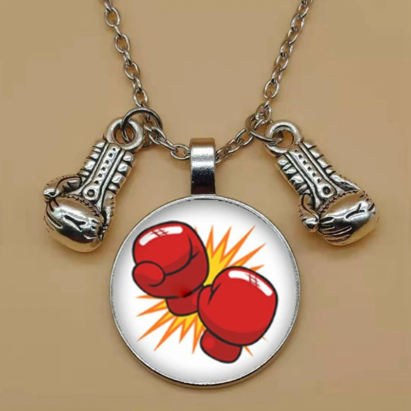 Fashion glass cabochon necklace boxing gloves pendant boxing sports necklace DIY men's jewelry necklace gift