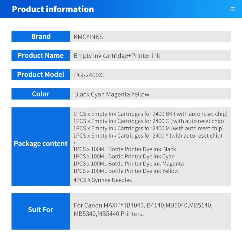 KMCYinks PGI 2400XL Refillable Ink Cartridge For Canon PGI-2400 XL MAXIFY IB4040 IB4140 MB5040 400ml Bottle Ink Refill Kits